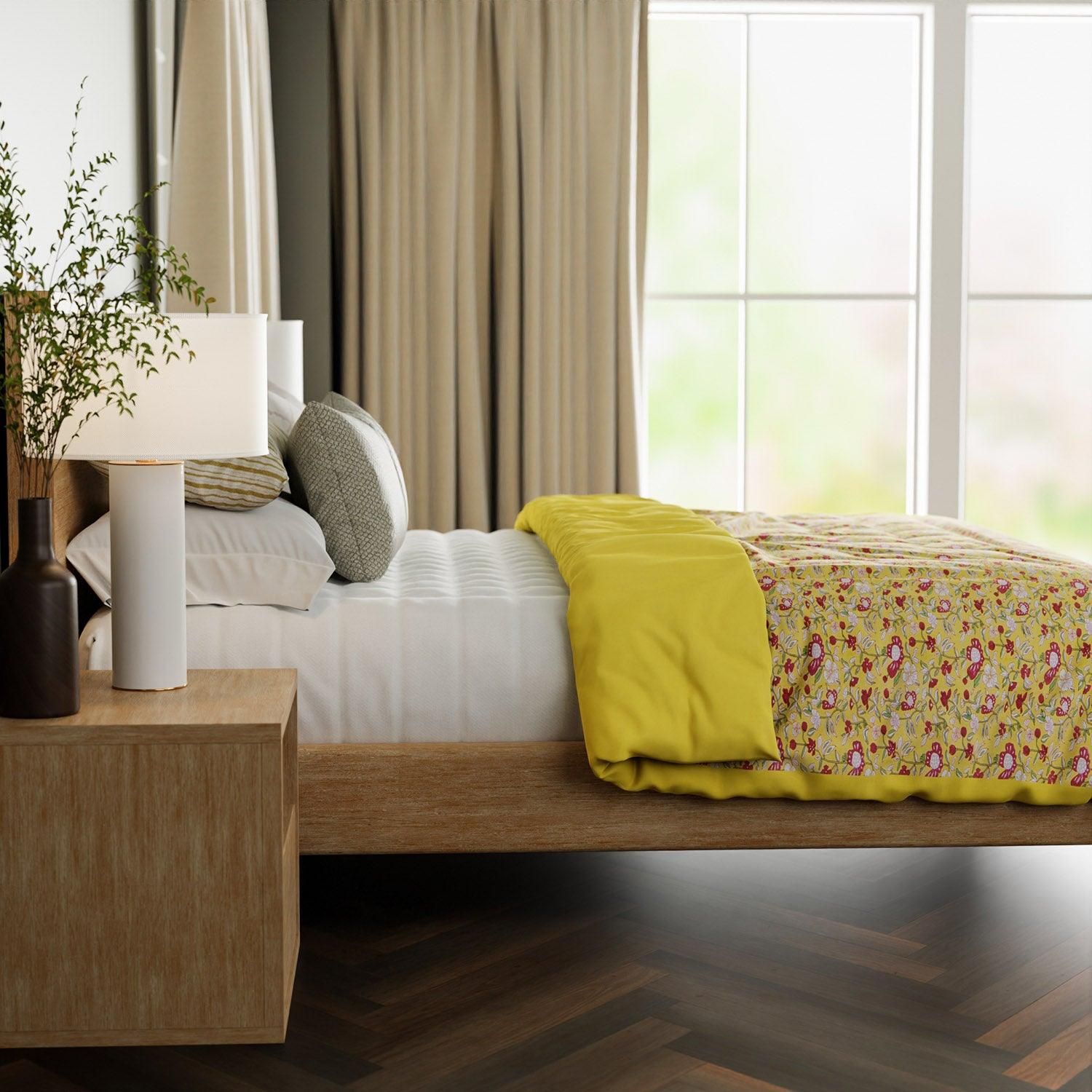 Block Printed Single Bed Cotton Duvet/Rajai Cover - 60x90-60 inches x 90 inches / Cotton / Yellow Floral
