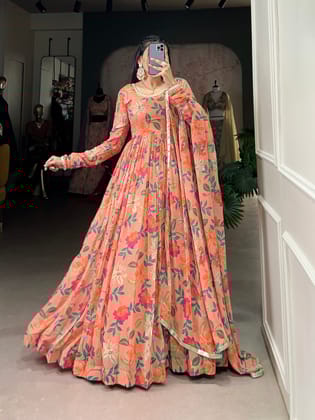 Peach Floral Printed Georgette Gown Set with Dupatta-free-size