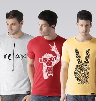 Young Trendz Mens Combo Relax Grey Color Monkey Red Color and Peace Yellow Color Half Sleeve Printed T-Shirts-Grey/Red/Yellow / Medium / 100% Bio Wash Cotton