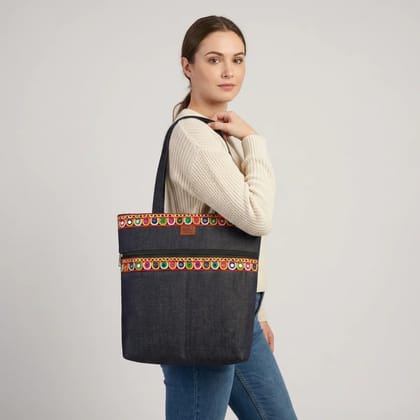 Navy Blue Denim Crossbody Bag With Floral Embellishments