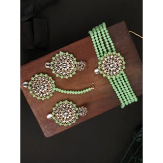 Mint Green Crystal Kundan Full Length 4pc Bridal Choker Jewellery Set