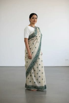 Saura Art Cotton Saree Cream Green Dancing Figure Buti