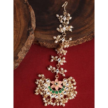 Gold-Plated  Green Meenakari Kundan Maang Tika