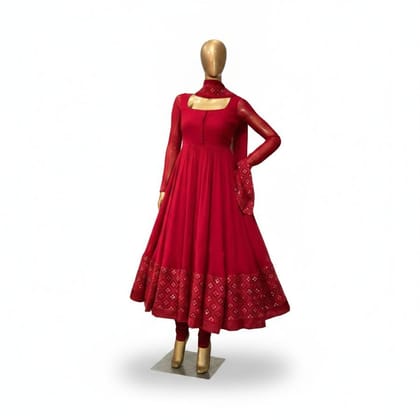 Women's Embroidered Red Anarkali Kurta Set