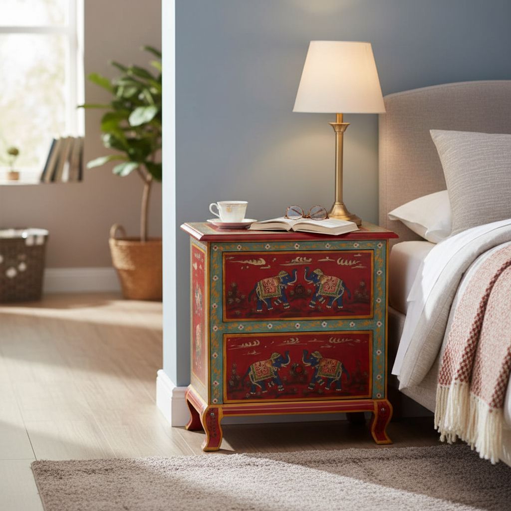 Solid Wood Elephant Painted Bedside Cabinets Drawers