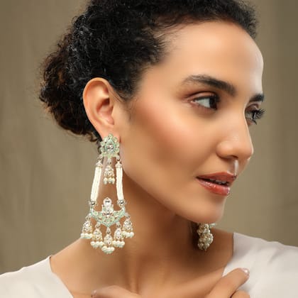 Nikhat Kundan Studded Long Earrings-ALLOY/KUNDAN STONES/PEARLS / MINT