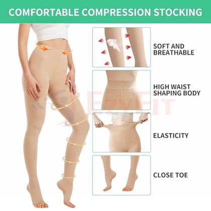 EZYFIT Imported 20-30 mmHg Compression Pantyhose for Women | Open Toe Medical Stockings | Waist High Graduated Support Tights for Varicose Veins, Edema, Swelling, Pregnancy | Unisex