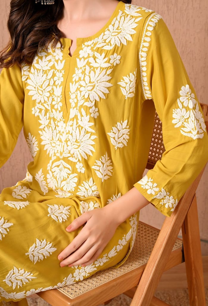 Hand Embroidered Chikankari Plazo Set with 3d Work-Mango yellow