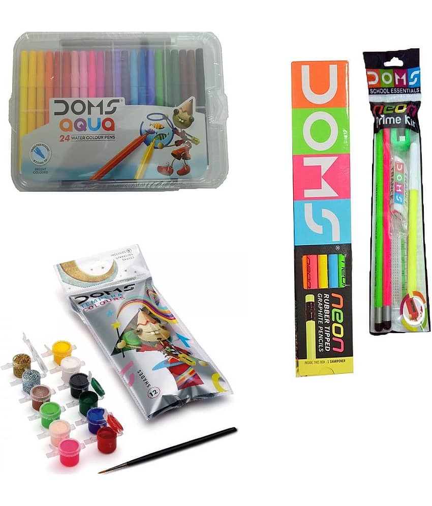 Doms Aqua 24 Sketch Pen (Full Size)+12 Water Colour Cakes+Tempera Colour ( 12 Shades)+Neon Prime Kit+Neon Rubber Tipped Pencil