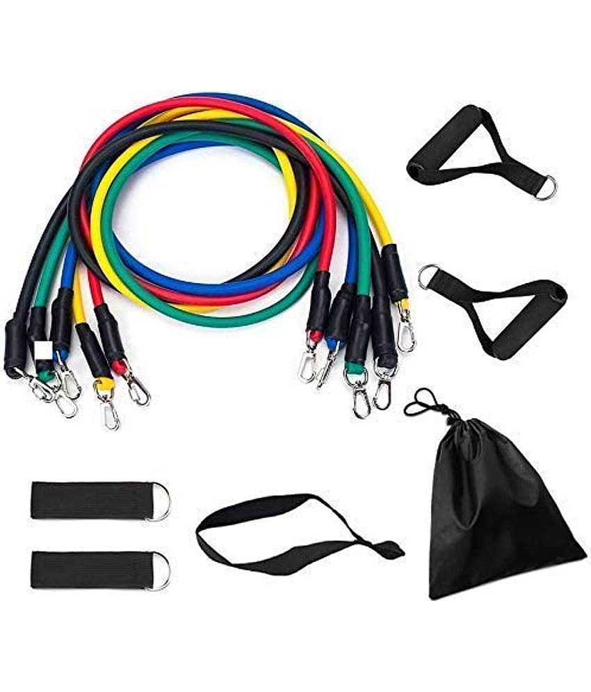 Resistance Bands 11 pcs Set, Stretching and Exercise, Toning Tube kit with Door Anchor, Foam Handles, Leg Ankle Strap and Carry Bag and Box Packaging for Men and Women Workout, Pack of 1