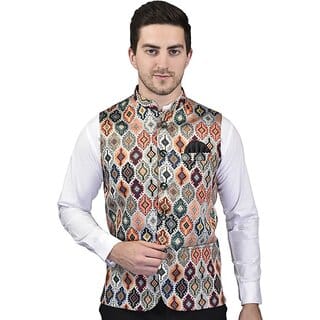 PrintCulture Men Printed Multicolor Cotton Blend Nehru Jacket