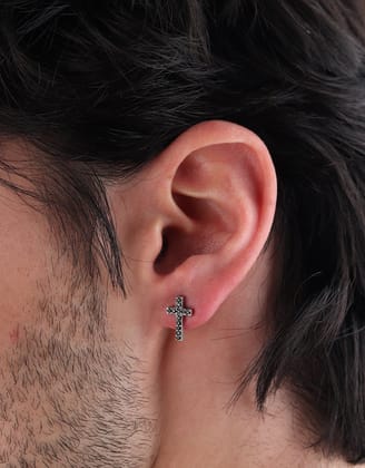 Cross Iced Out Stud Earrings (Black Onyx)-Pair / Black Onyx