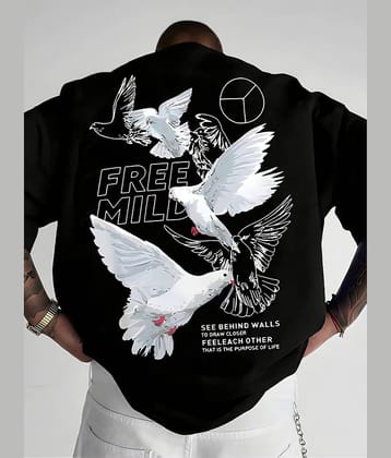 LEWEL Cotton Blend Oversized Fit Printed 3/4th Sleeves Men's Round T-Shirt - Black ( Pack of 1 )