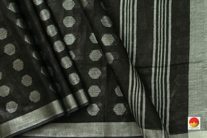 Black Jamdani Pure Linen Saree With Silver Zari  Border Handwoven PL 2019