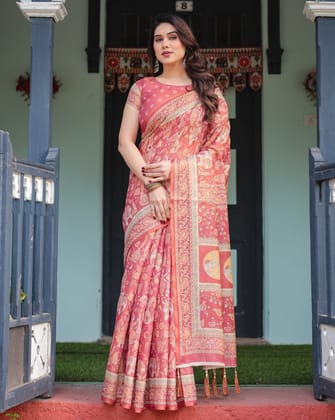 Crimson Red Handloom Cotton-Linen Saree with Mythological Motifs and Floral Border-Regular