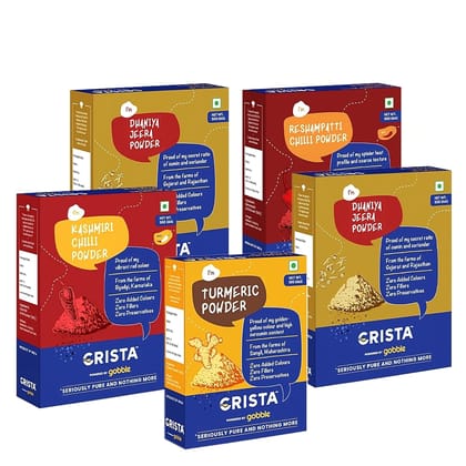 CRISTA Kitchen Ground Spices (Masala) Basics Combo Pack (Dhaniya Jeera Powder 500 gm x 2, Turmeric Powder 100 gm x 1, Kashmiri Chilli Powder 500 gm x 1 & Reshampatti Powder 500 gm x 1) - Pack of 5 CRISTA Kitchen Ground Spices (Masala) Basics Combo Pack (Dhaniya Jeera Powder 500 gm x 2, Turmeric Powder 100 gm x 1, Kashmiri Chilli Powder 500 gm x 1 & Reshampatti Powder 500 gm x 1) - Pack of 5