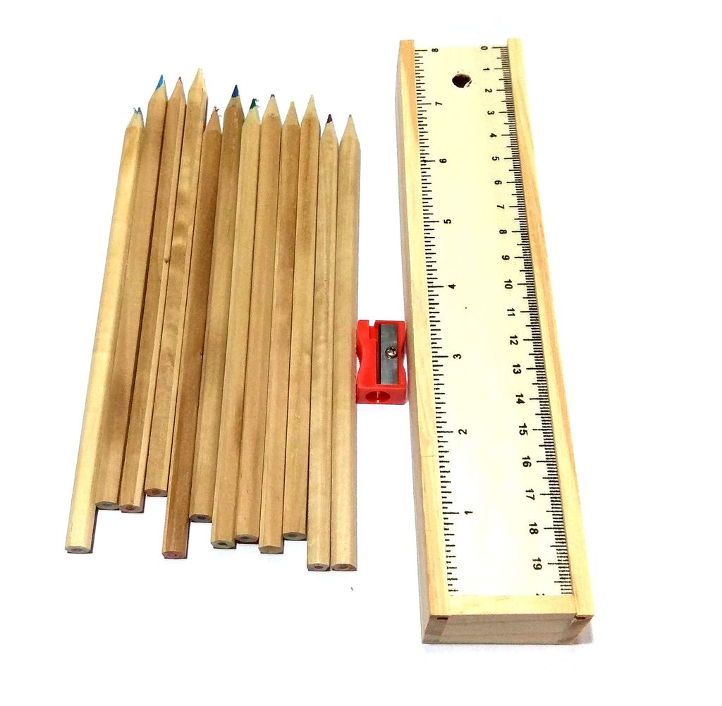Nawani Wooden Pencil Box with 12 Different Colour Pencils, Ruler and Sharpene - Stationery | Buy online on ZillyBuy