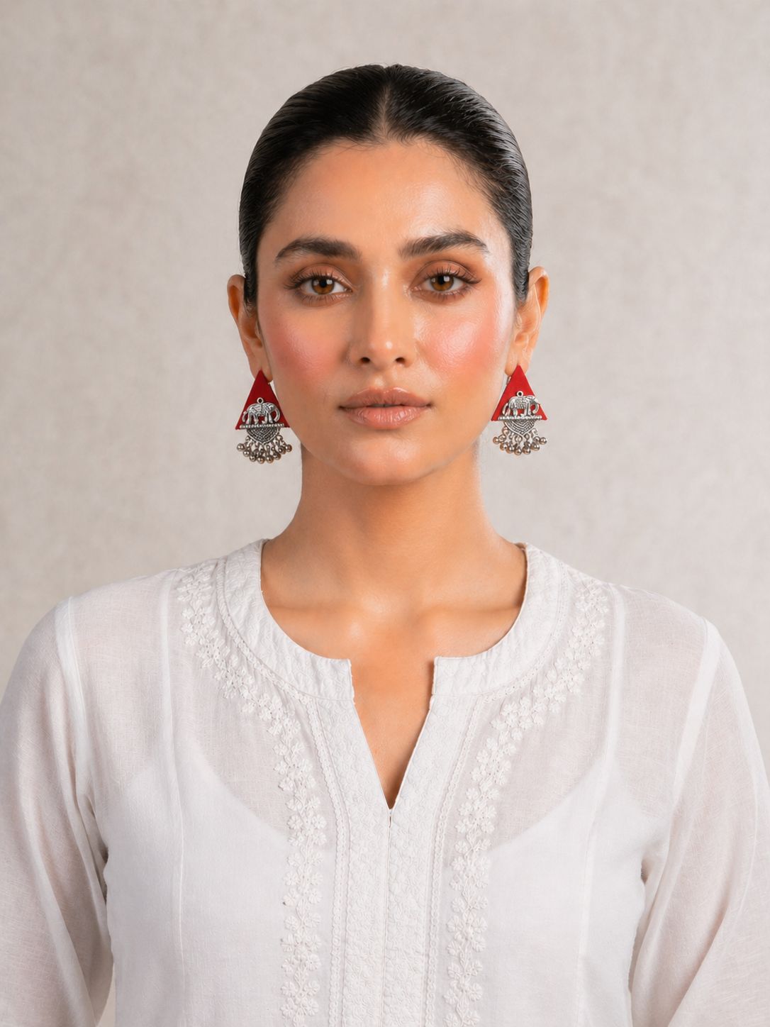 Red Silver Elephant Motif Fabric Earrings
