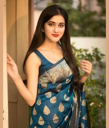Gazal Fashions Banarasi Silk Embellished Saree With Unstitched Blouse Piece ( Turquoise )