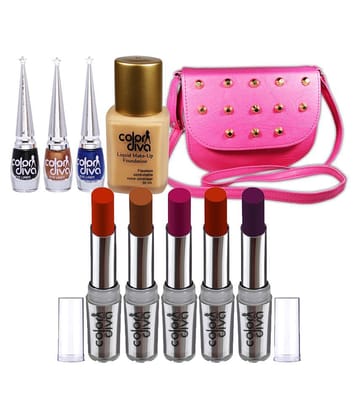 Color Diva Lipstick, Foundation, Bag & Liquid Eyeliner Multicolor Pack of 10 100