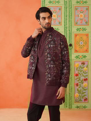 Wine Cotton Printed Jacket Kurta Set-M/40 / Pajama set