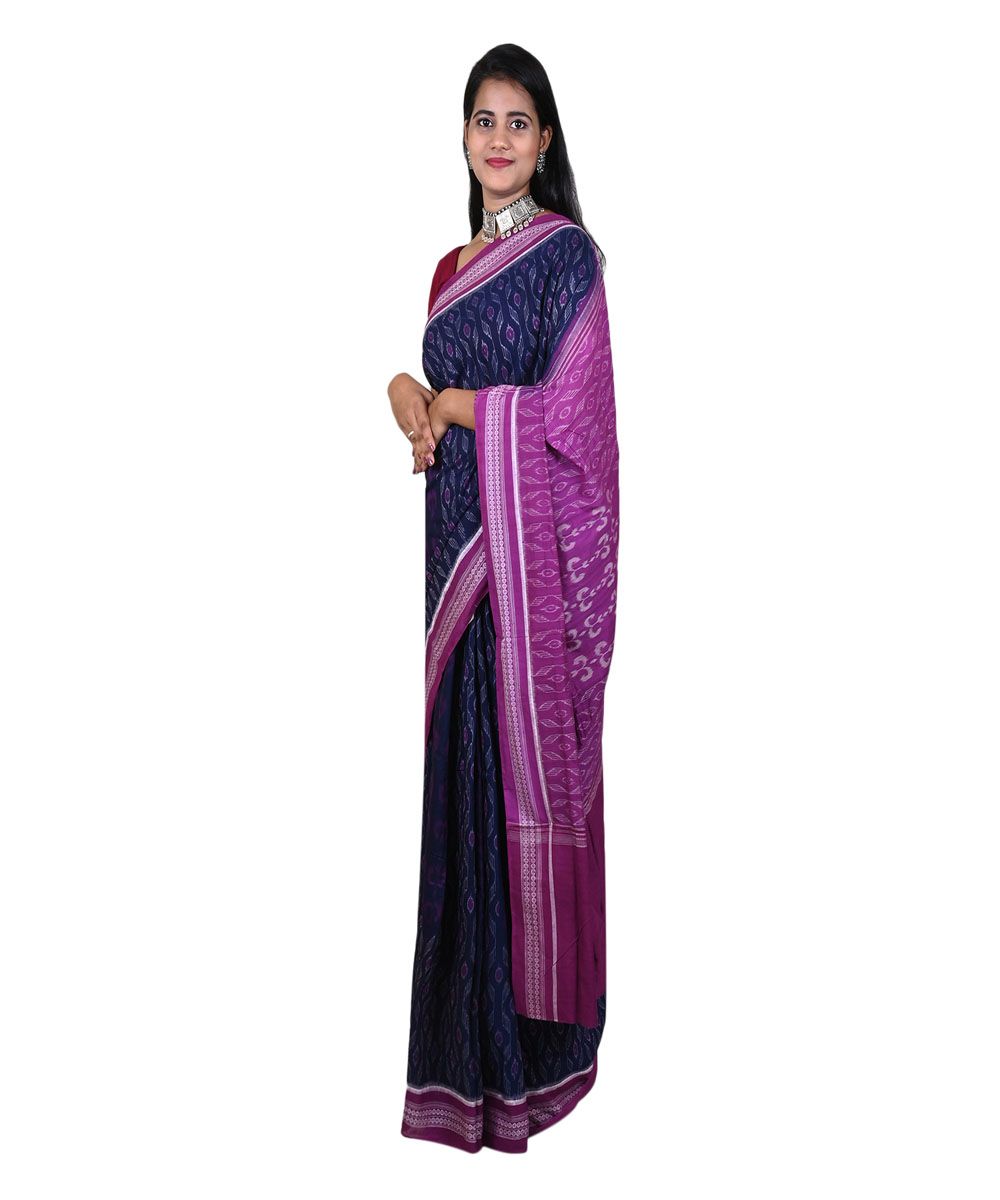 Navy blue magenta colour handwoven cotton saree