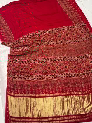 Maroon Ajrakh Hand Block Modal Silk Plain Saree With Fancy Zari pallu