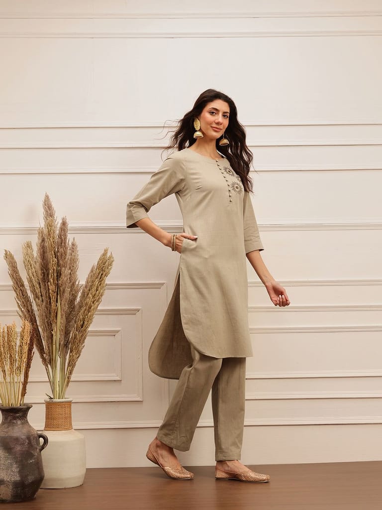 Taupe Grace Embroidered Kurta Set