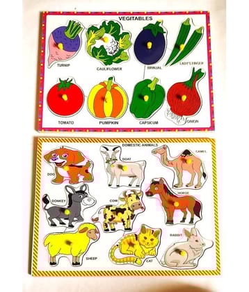 Peters Pence - Wooden Multi Color Set of Vegetables and Domestic Animals Puzzle Learning Board Combo for Kids PRE Primary Education