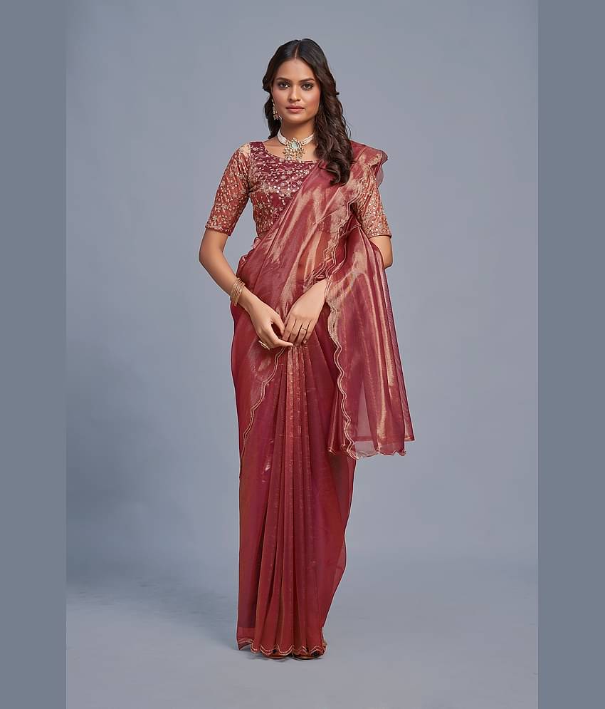 Aika Organza Solid Saree With Unstitched Blouse Piece ( Wine )