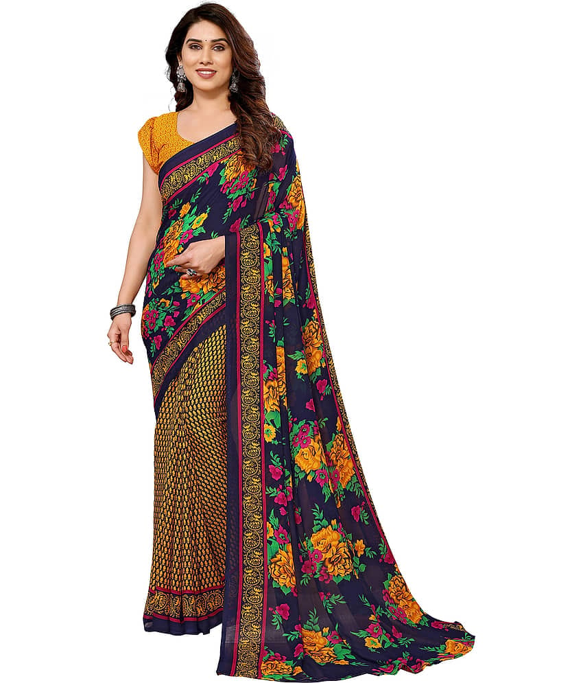 Anand Georgette Printed Saree With Unstitched Blouse Piece ( Yellow )