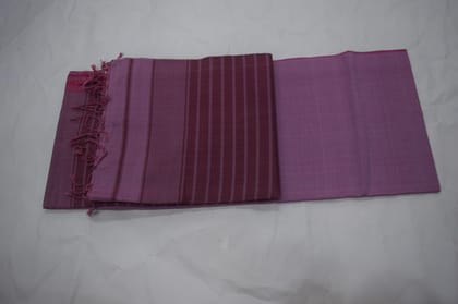Handloom Cotton Saree, Purple and Maroon Striped Pattern, Fringed Edges, Traditional Weave Handloom Cotton Saree, Purple and Maroon Striped Pattern, Fringed Edges, Traditional Weave