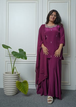 Crepe kurta, palazzo and dupatta with handwork on the neck-2XL