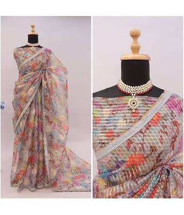Gullak Organza Printed Saree With Unstitched Blouse Piece ( Grey )