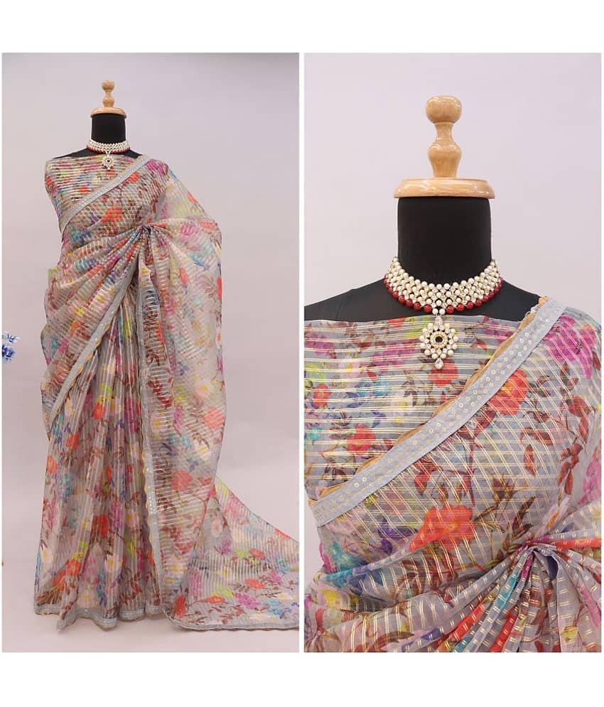 Gullak Organza Printed Saree With Unstitched Blouse Piece ( Grey )