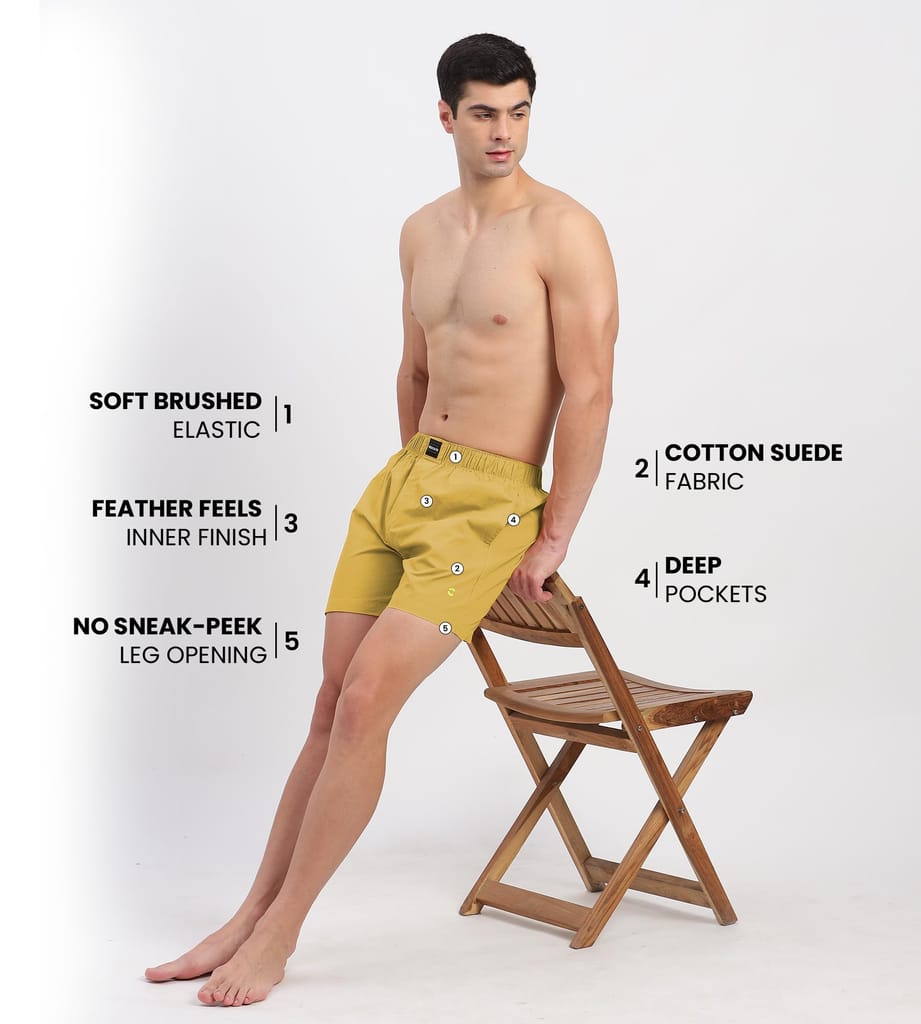 Freecultr Regular Fit Ultralight All Day Boxer Shorts for Men | 100% Cotton Fabric, Dual Deep Side Pocket, Microfibre Waistband Pack of 1-Yellow