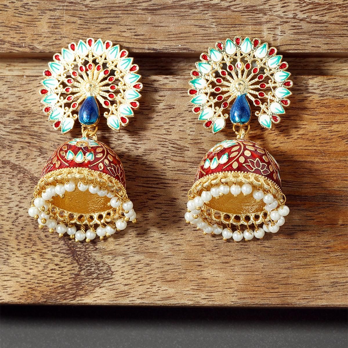 Gold-Plated Peacock Motif Kundan and Enamel Jhumkas