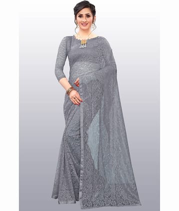 Indy Bliss Net Embellished Saree With Unstitched Blouse Piece ( Grey )