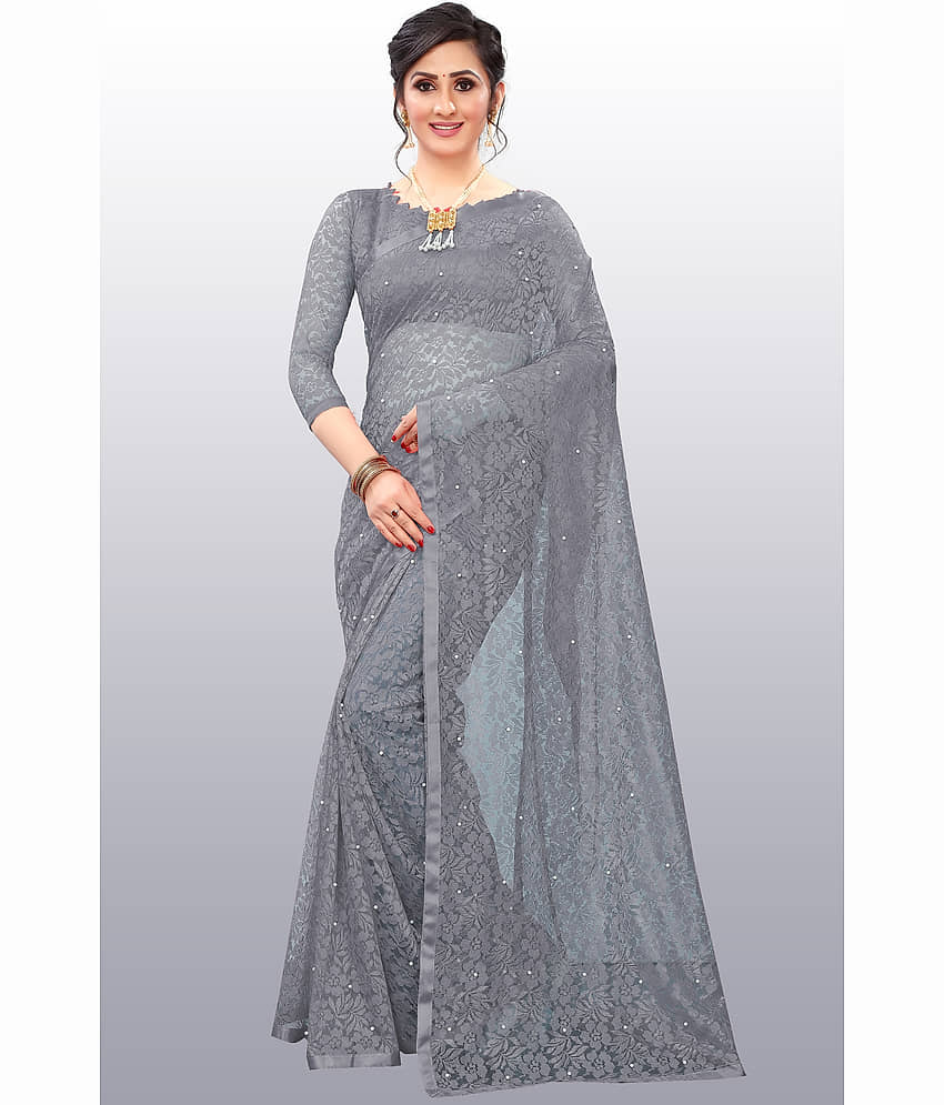 Indy Bliss Net Embellished Saree With Unstitched Blouse Piece ( Grey )