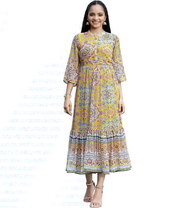 Juniper - Mustard Chiffon Women's Fit & Flare Dress ( Pack of 1 )