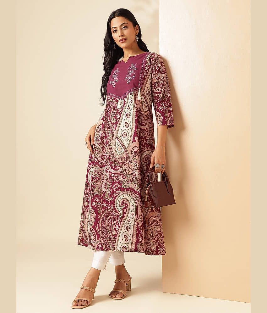 Vbuyz Pack of 1 Cotton Printed Anarkali Women's Kurti - ( Wine )