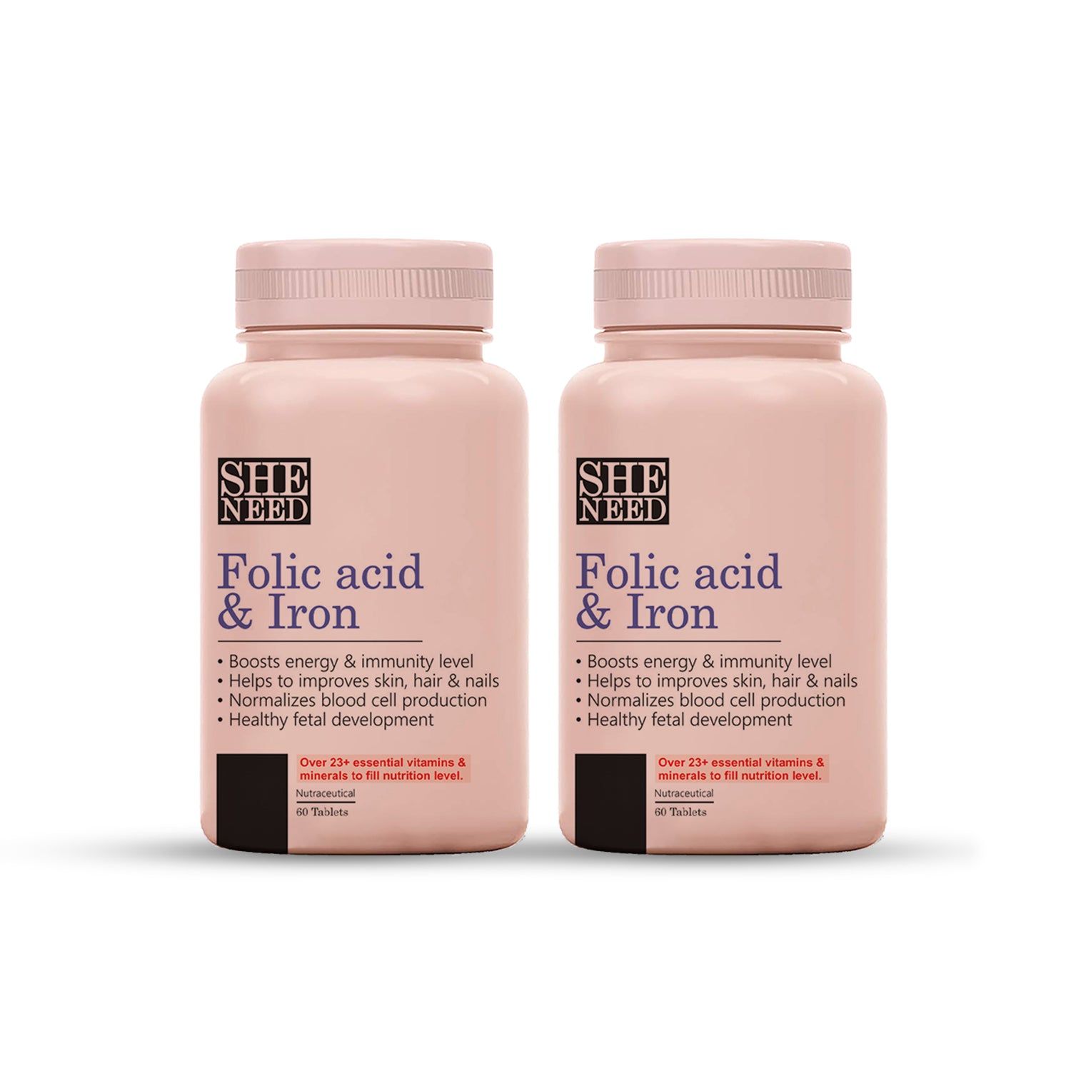 Sheneed Folic Acid & Iron Supplement for Pregnancy,Energy,Hair & Blood Iron Levels-(Pack of 2)