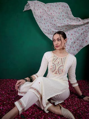 Ethnic Motif Sequinned round neck Straight Kurta With Trousers And Dupatta-S