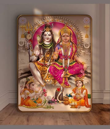 SAF Shiv Parivar Wall Painting | Lord Shiva Parvati Ganesh Kartikeya Art | Sparkle Laminated Golden Frame MDF Poster for Home Temple Pooja Room | Hindu God Family Spiritual Décor