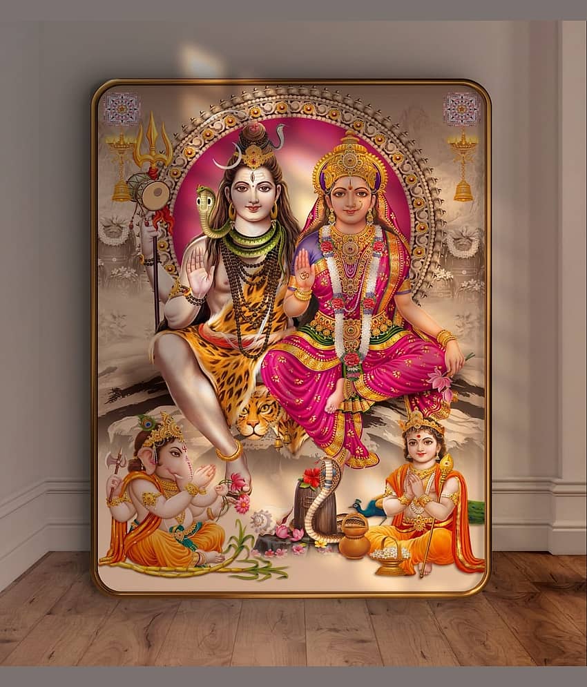 SAF Shiv Parivar Wall Painting | Lord Shiva Parvati Ganesh Kartikeya Art | Sparkle Laminated Golden Frame MDF Poster for Home Temple Pooja Room | Hindu God Family Spiritual Décor