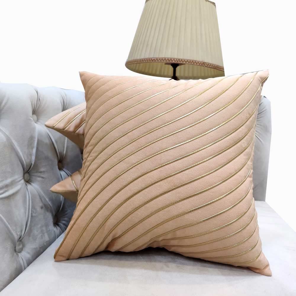 Beige & Fawn Striped Set of 3 Ethnic Motifs Embroidered Zipper Square Cushion Covers (16x16 inch or 40 x 40 cm)