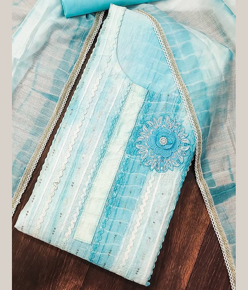 Rangtulika Ethnics Unstitched Cotton Blend Applique Dress Material - Blue ( Pack of 1 )