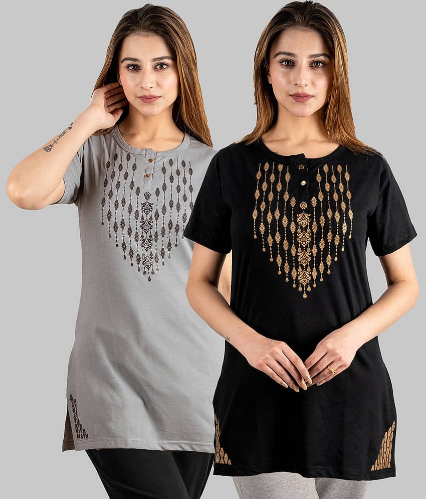URBE Women Cotton Blend Printed Regular Fit Henley Neck T-Shirt ( Bottle Green )