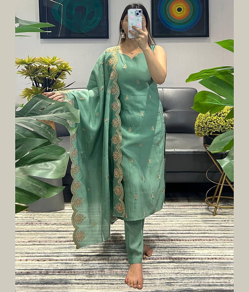 Niza Fashion Silk Embroidered Kurti With Pants Women's Stitched Salwar Suit - Green ( Pack of 1 )