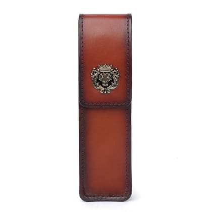 Tan Leather Pen Holder Magnetic Closure with Metal Lion Logo  By Brune & Bareskin-FS